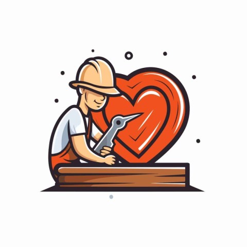 Carpenter holding a wrench and repairing heart. Vector illustrat