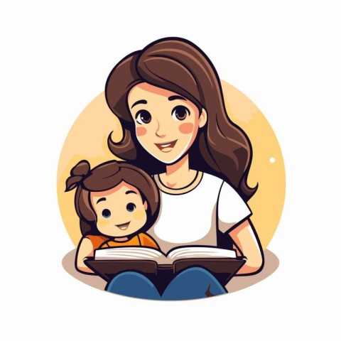 Mother and daughter reading a book. Vector illustration in carto