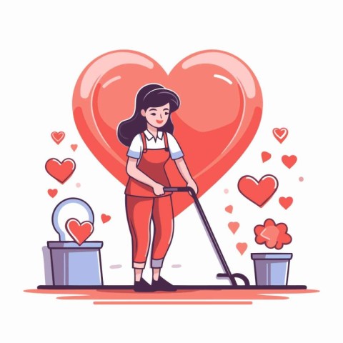 Lovely woman cleaning the house with a vacuum cleaner. Vector il