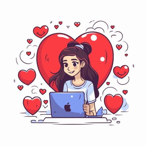 Vector illustration of a girl with laptop and hearts in the back