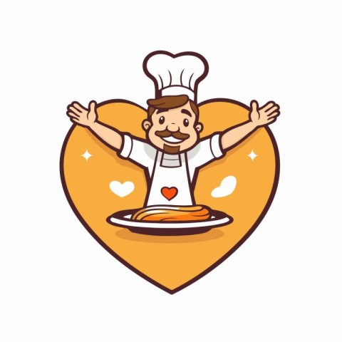 Chef with a dish in the shape of a heart. Vector illustration