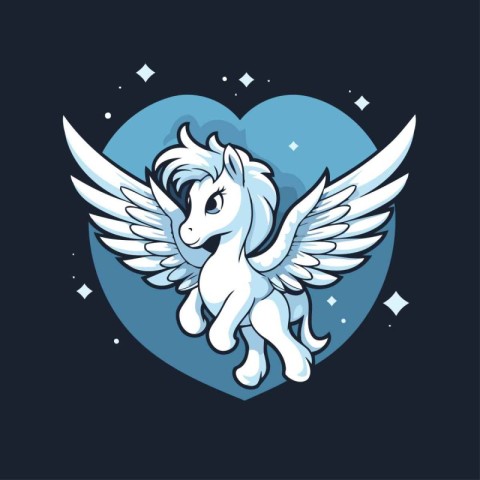 White horse with wings and heart. Vector illustration on dark ba