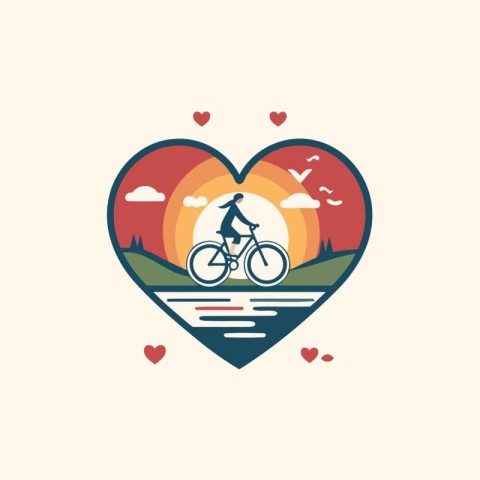 Vector illustration of bicycle in heart shape with sunset in the