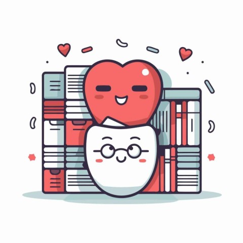 Cute cartoon heart character with books and glasses. Vector illu