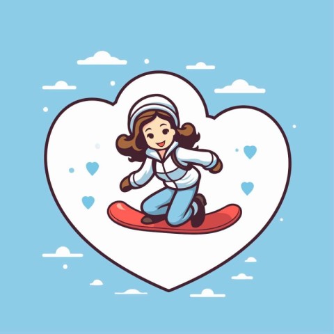 Girl riding a snowboard in the shape of a heart. Vector illustra