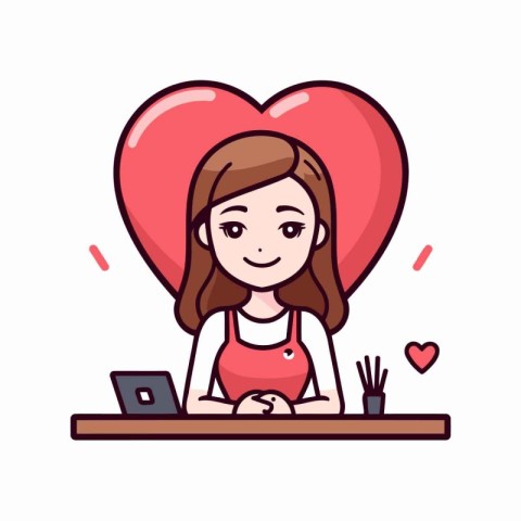 Young woman working on laptop with red heart. Vector illustratio