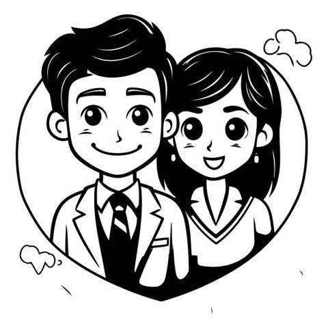 Vector illustration of a couple in a heart-shaped frame. Black a