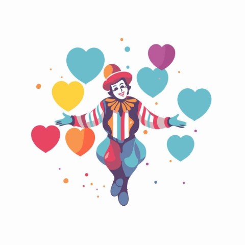 Clown with hearts. Vector illustration in flat style. Isolated o