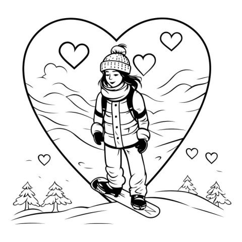 Vector illustration of a girl with a snowboard on the background