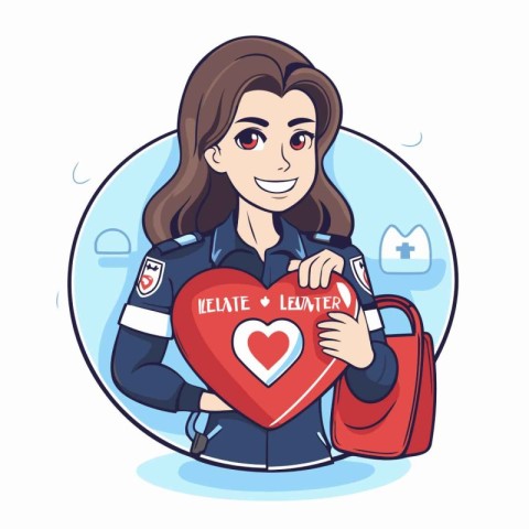 Young woman in police uniform holding heart. Vector illustration