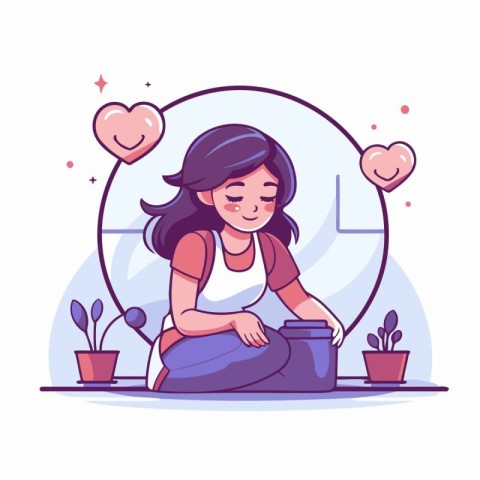 Girl sitting on the floor with a pot. Vector illustration in car