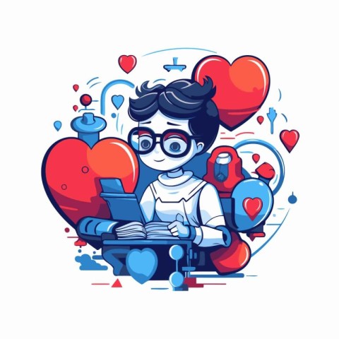 Cute boy in glasses reading a book. Vector illustration. Valenti