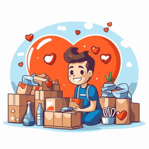 Vector illustration of a young man in love with a box of gifts