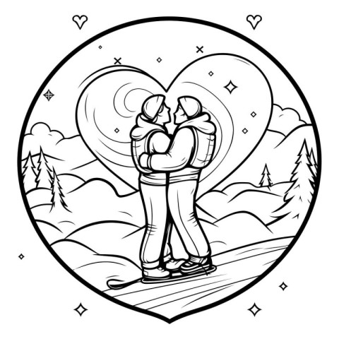 Black and White Cartoon Illustration of Loving Couple Holding Ha