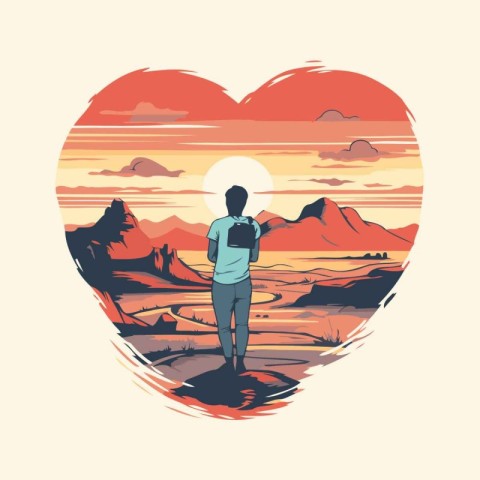 Hiking in the desert. Vector illustration of a man with a backpa