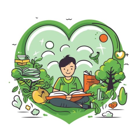 Vector illustration of a man reading a book in a heart shaped pa