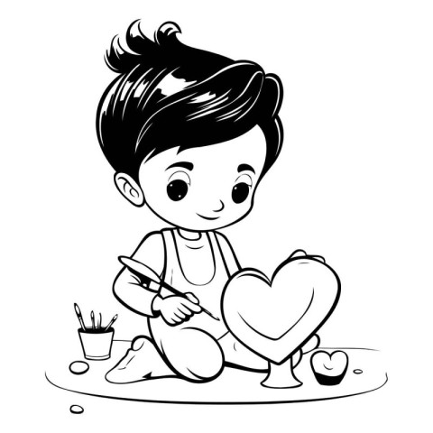 Cute little boy drawing a heart. Black and white vector illustra