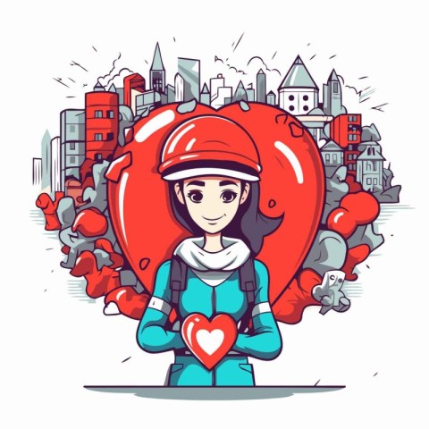 Vector illustration of a girl in a helmet holding a red heart.