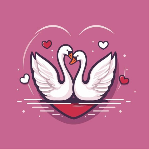 Two swans in love on a pink background. Vector illustration.