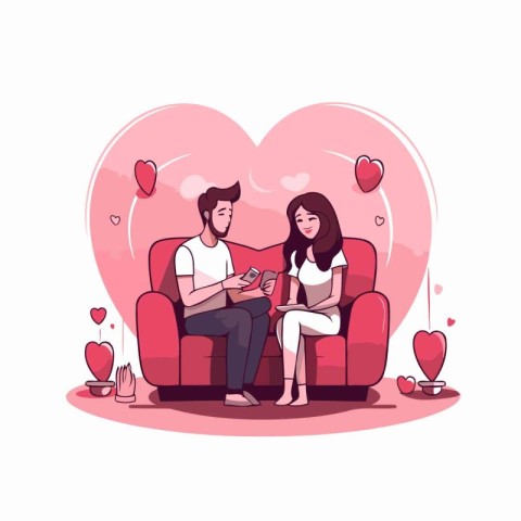 Romantic couple sitting on the sofa. Vector illustration in cart