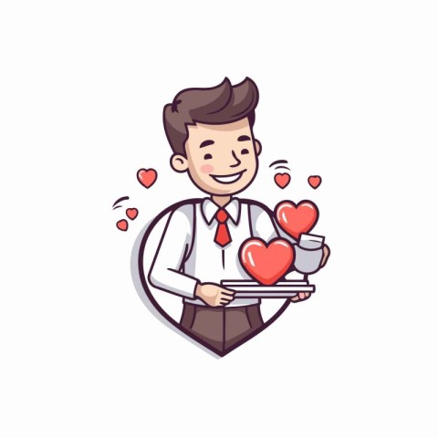 Valentine's day vector illustration. Cartoon man holding a tray