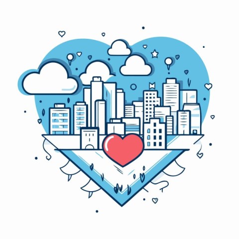 City building and heart shape in flat linear style. Vector illus