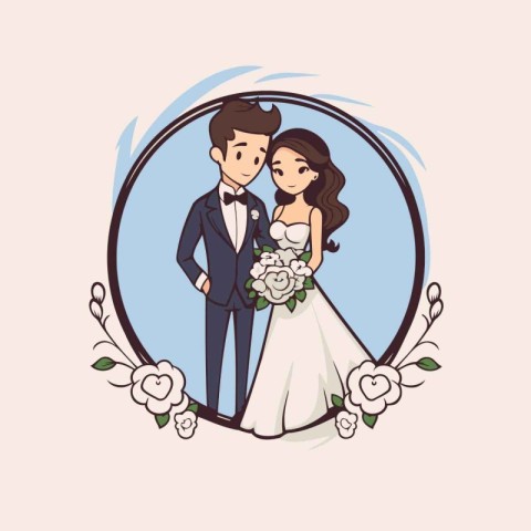 Wedding couple. Bride and groom in circle frame. Vector illustra