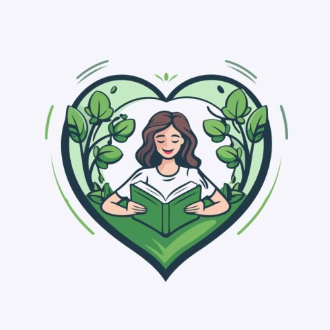 Vector illustration of a girl reading a book in the shape of a h