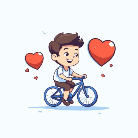 Cute boy riding a bicycle with hearts around him. Vector illustr