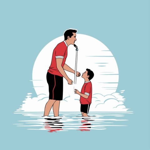 Father and son playing in the water. vector illustration. flat d