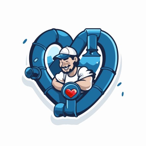 Plumber holding a pipe in the shape of a heart. Vector illustrat