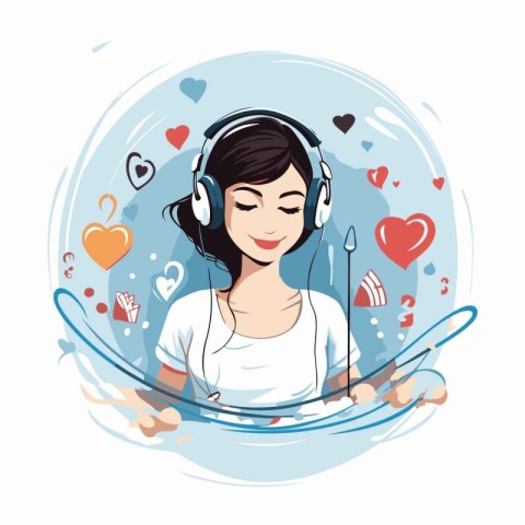 Young woman listening to music with headphones. vector illustrat