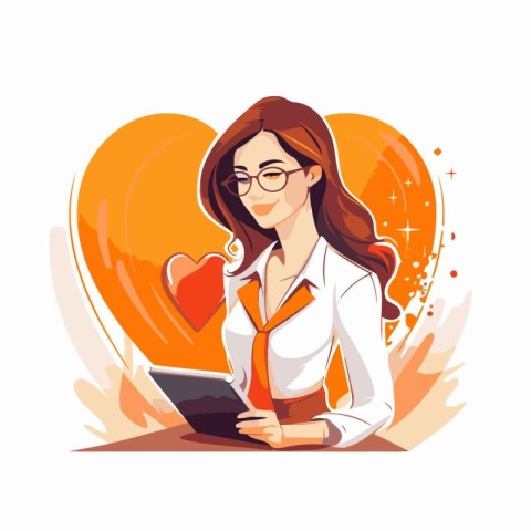 Young woman with tablet computer and red heart. Vector illustrat