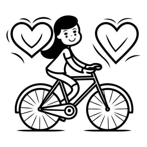 Vector illustration of a girl riding a bicycle with hearts in th