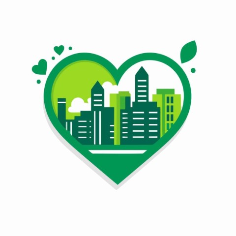 Green city in heart shape. Vector illustration. Cityscape in fla