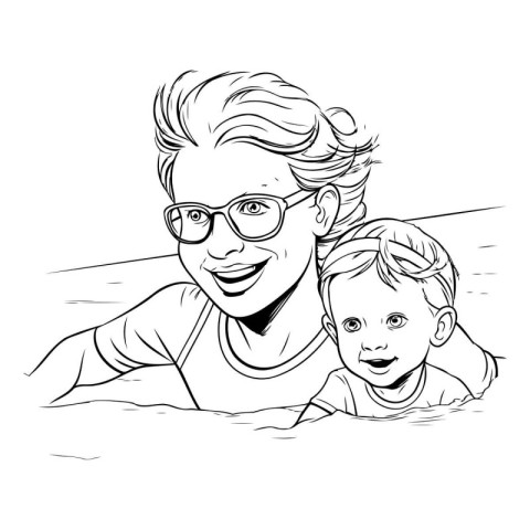 Father and son. Black and white vector illustration for coloring