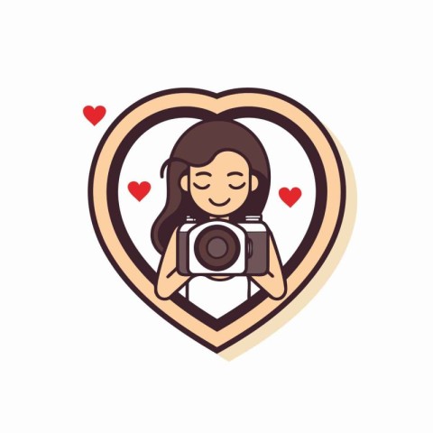 Woman photographer with camera in heart shape. Vector illustrati