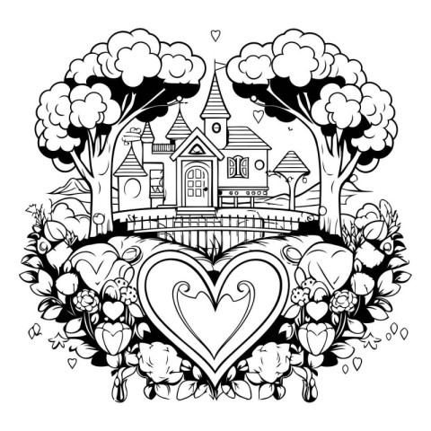 Black and white vector illustration of fairy tale castle with he