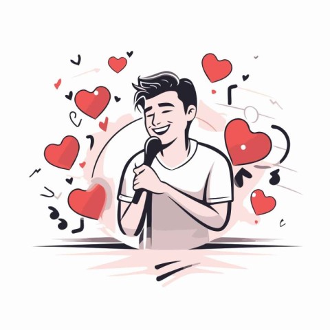 Vector illustration of a man singing karaoke with hearts around