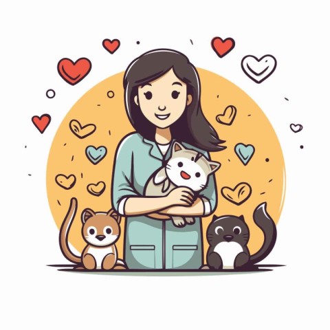 Woman holding cat and dog in her arms. Cute cartoon vector illus