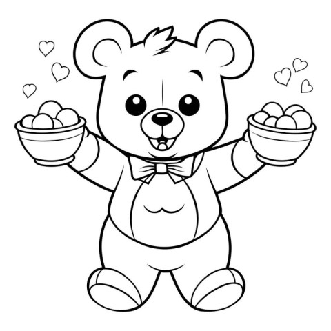 Black and White Cartoon Illustration of Teddy Bear with Bowls of