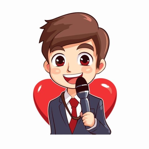 Cute boy holding microphone and red heart on white background. V