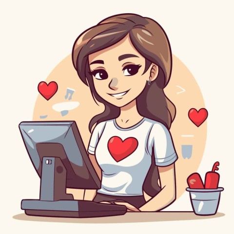 Cute girl with computer and heart. Vector illustration in cartoo