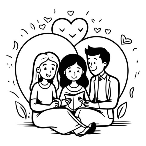 Happy family in love. Black and white vector illustration for co