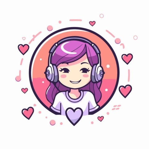 Cute girl with headphones and hearts around her. Vector illustra