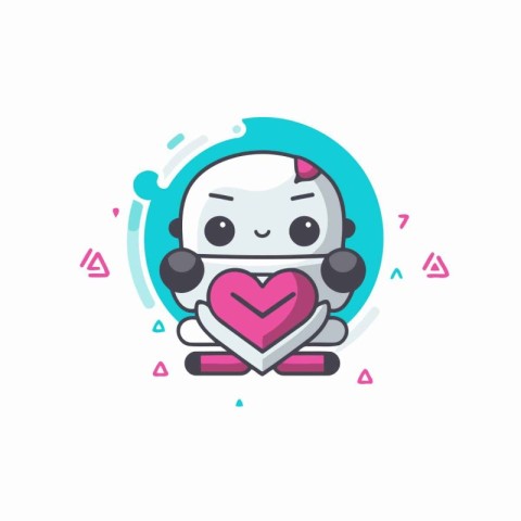 Cute robot with heart icon. Vector flat illustration. Isolated o