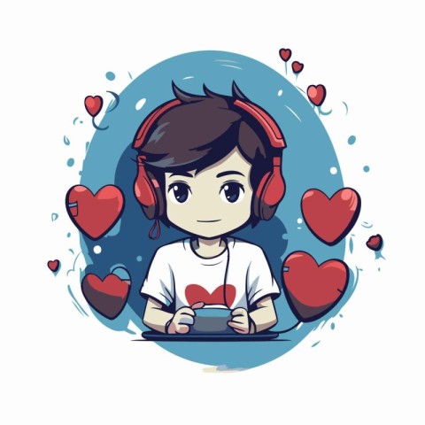Cute boy playing video games with headphones and hearts around h