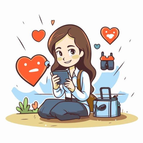 Young woman sitting on the ground and using mobile phone. Vector