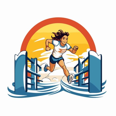 Sporty woman running and jumping in the water vector illustratio