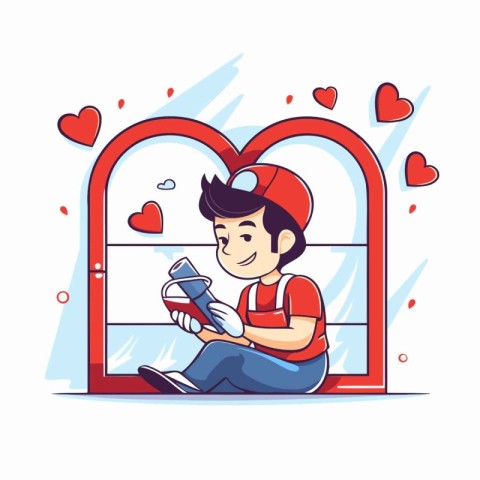 Boy reading a book in the window. Vector illustration in cartoon